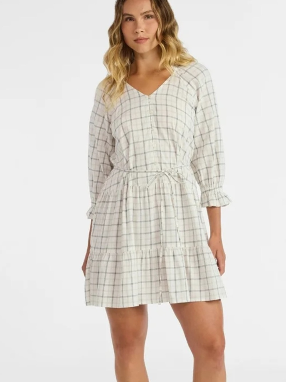 NWT Time and Tru Women's Ruffle Neck Tiered Mini Dress SZ M Winter White Plaid